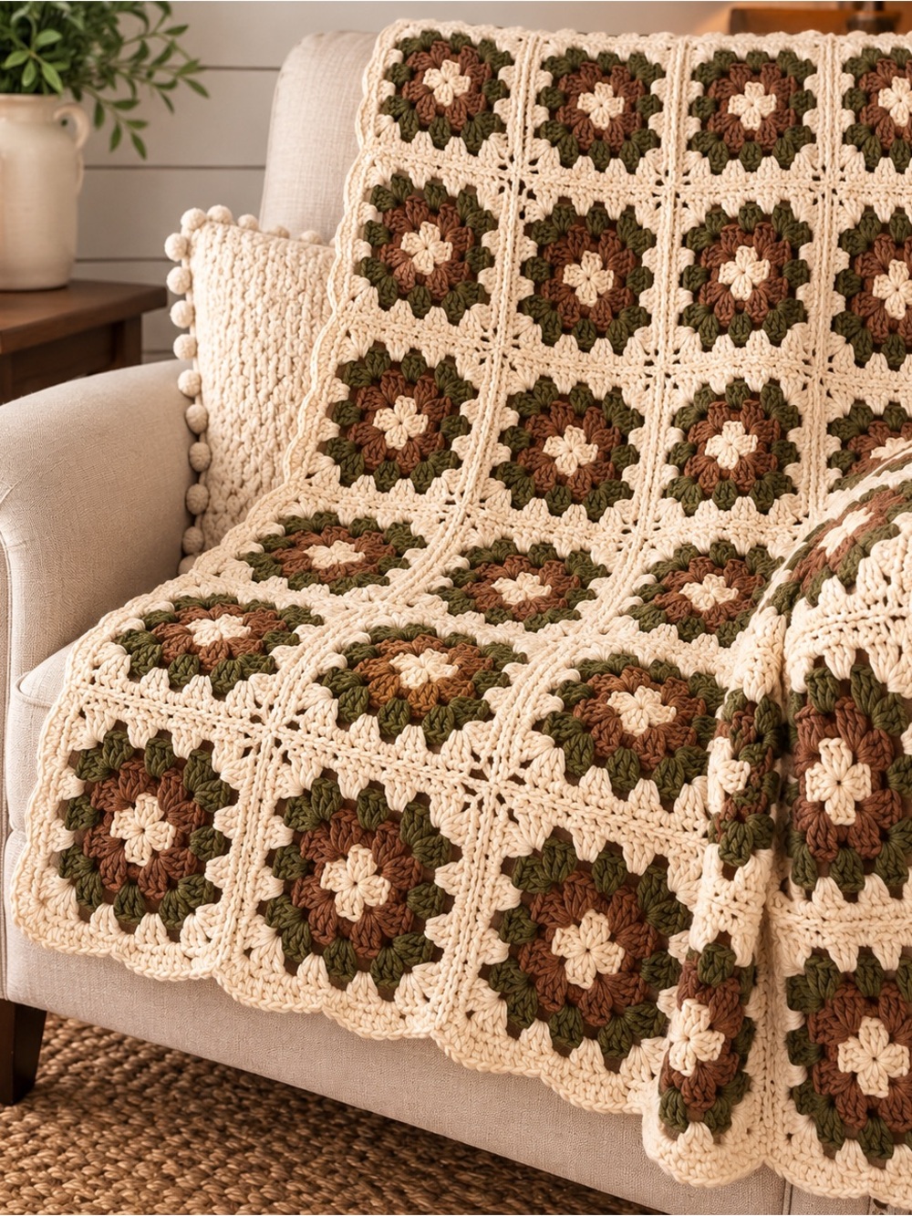 Vintage-Inspired Crochet Granny Square Throw Blanket in Cream, Brown & Green
